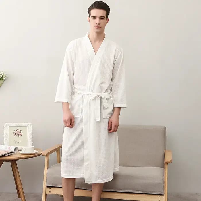 Peignoir long léger unisexe en tissu gaufré à manches trois-quarts pour hôtels
