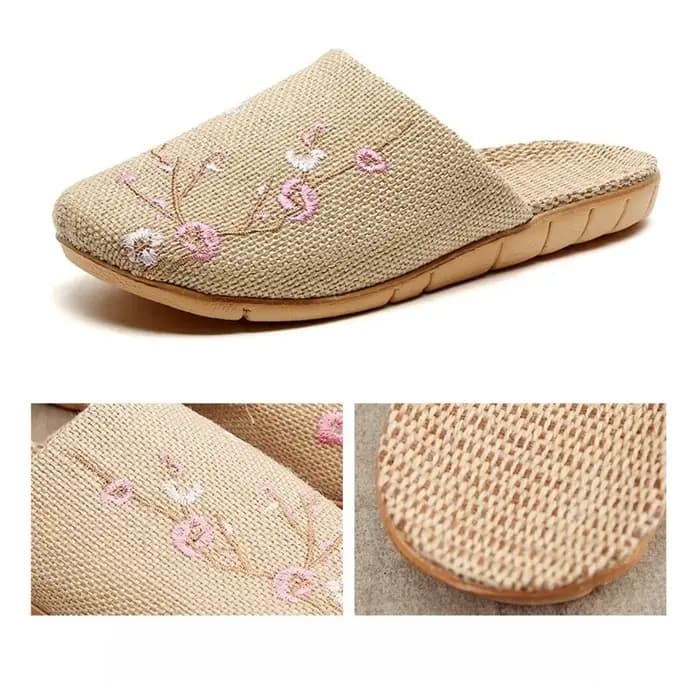 Pantoufles d'intérieur en lin brodées de fleurs de bambou