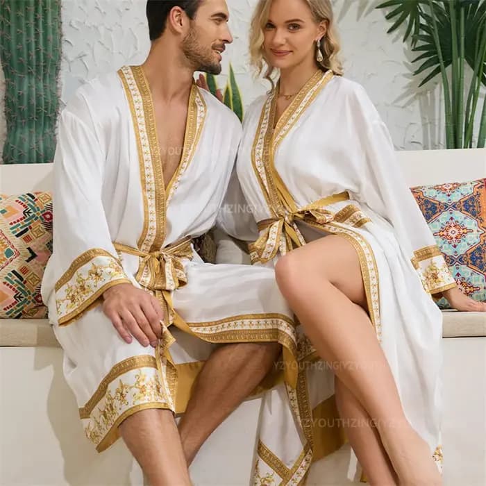 Hommes Robe vêtements De nuit Style Baroque imprimé Kimono Satin Peignoire De Douche Homme Couple peignoir