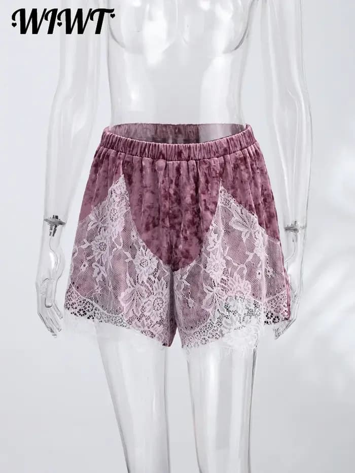 Shorts en velours à empiècements en dentelle pour femme