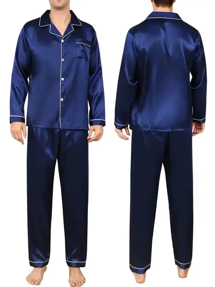 Nouveaux hommes pyjamas ensemble soie Satin vêtements de nuit pour homme chemise à manches longues Pijama mâle mode doux