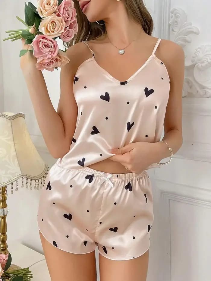 Ensemble de pyjama en satin à col en V pour femmes