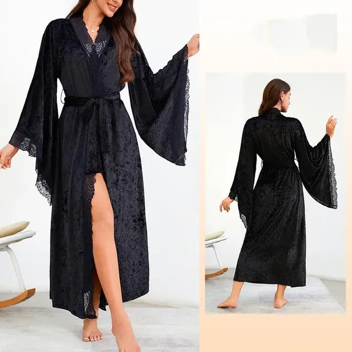 Élégant blanc velours longue Robe Kimono peignoir Robe Sexy dentelle garniture maison Robe femmes vê