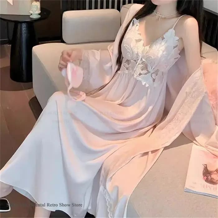 Élégant femme longue Robe ensemble chemise de nuit soyeux glace soie vêtements