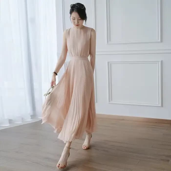 Robe longue plissée en mousseline de soie rose pour femme, tenue de soirée, tenue de bureau, sans ma