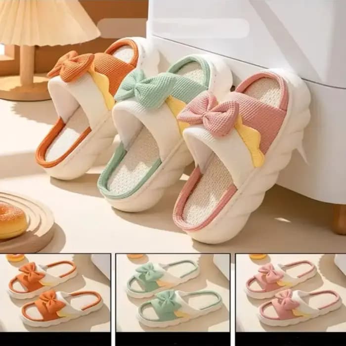 1 paire antidérapant nœud papillon femme lin pantoufles semelle épaisse orteil et trou nœud