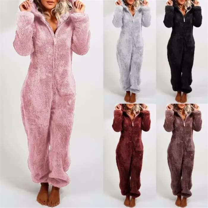 Femmes polaire Oneseies fermeture éclair à capuche Pyjamas barboteuses vêtements de nuit confortables