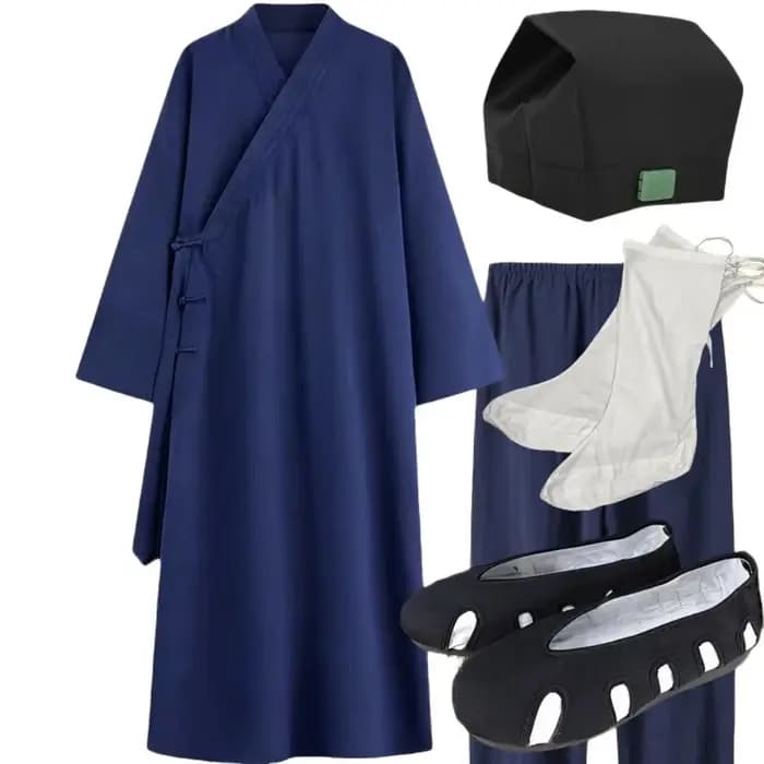 Ensemble de Robe Taoïste Traditionnelle Chinoise : Tunique Longue à Col Croisé avec Pantalon et Chapeau