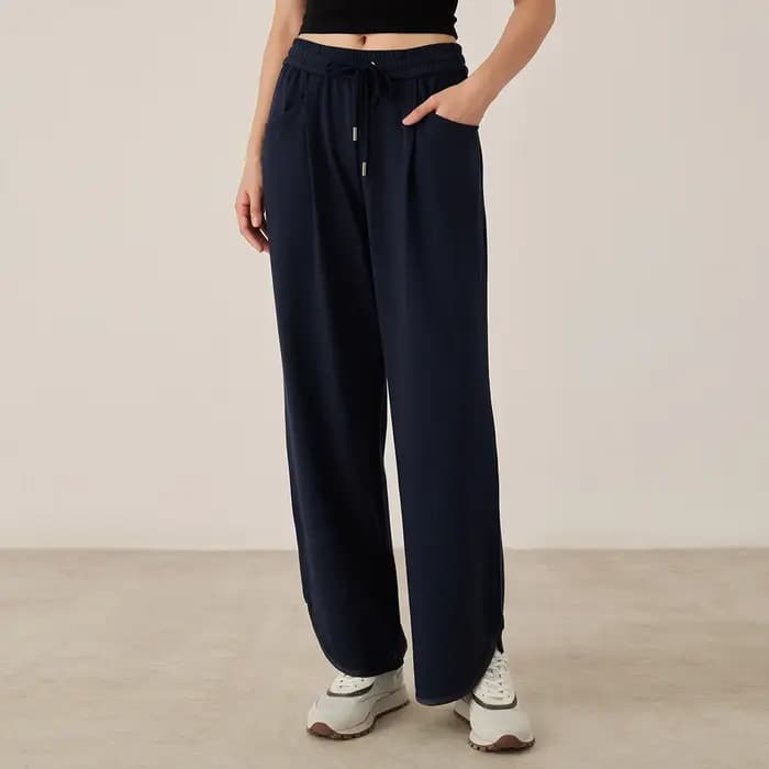 KL7523369 Pantalon de salon à jambes larges pour femme, mélange de coton, cordon de serrage à la tai