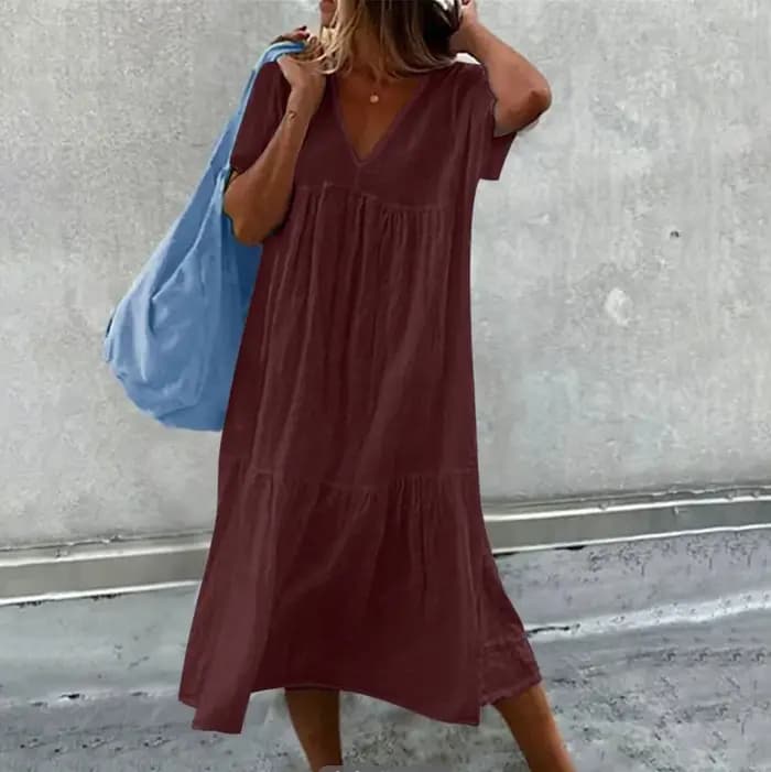 Nouvelles robes midi en coton et lin pour femmes, mode décontractée, col en V, manches courtes, robe