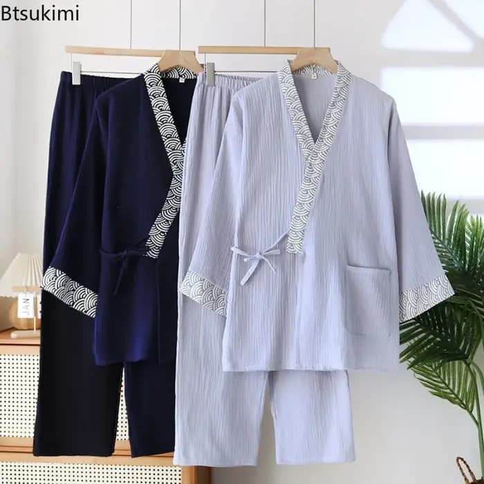 Ensemble pyjama homme 2026 : Kimono et pantalon à manches longues en coton crêpe pour l'automne et le printemps