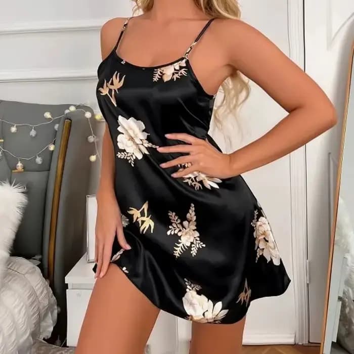 Chemise de nuit sexy à imprimé floral noir pour femmes