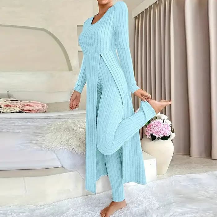 Ensemble de tenues décontractées pour femmes, vêtements de maison, couleur unie, côtelé, manches longues, col rond, ourlet fendu, haut et pantalon, ensemble 2 pièces, automne et hiver