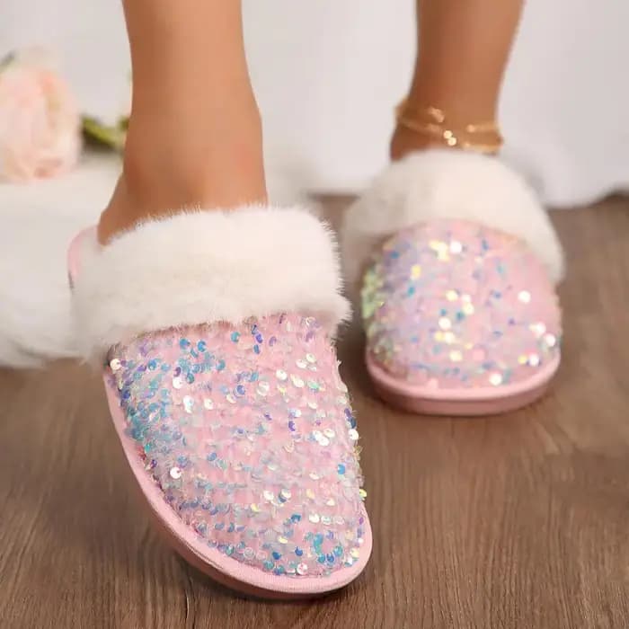 Pantoufles d'intérieur en fourrure de tissu à paillettes de luxe pour femmes