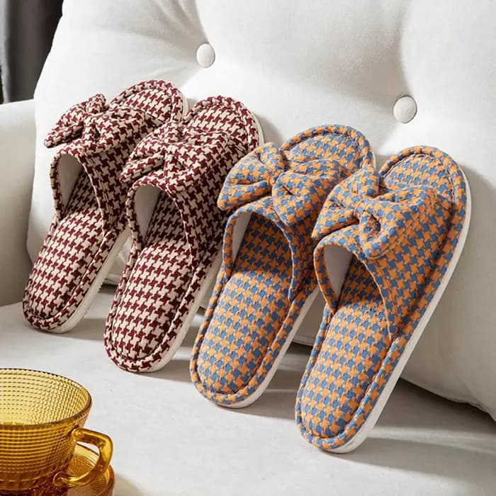 Pantoufles plates pour femmes en chanvre à carreaux