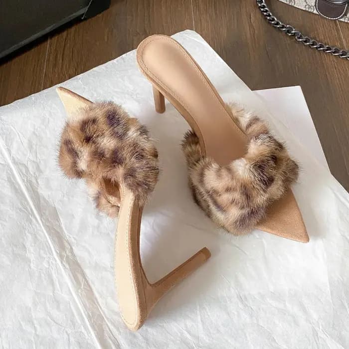 Sexy imprimé léopard moelleux en peluche pantoufles à talons femmes bout pointu dos nu élégant glisser sandales dames