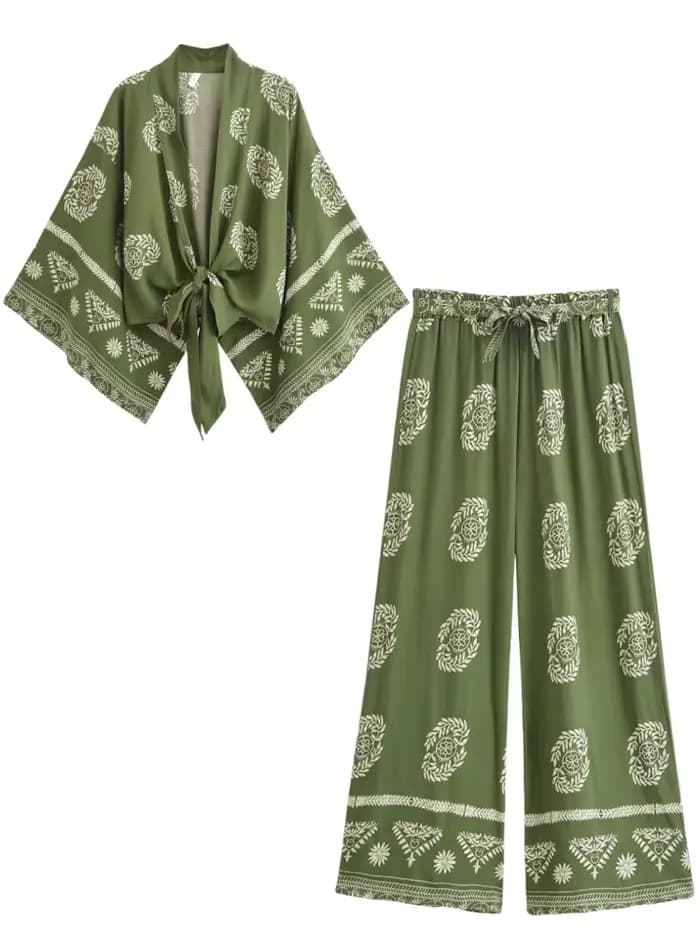 Vintage Chic femmes blanc imprimé fleuri tenues Kimono Robe bohème tenues pantalon à jambes larges 2