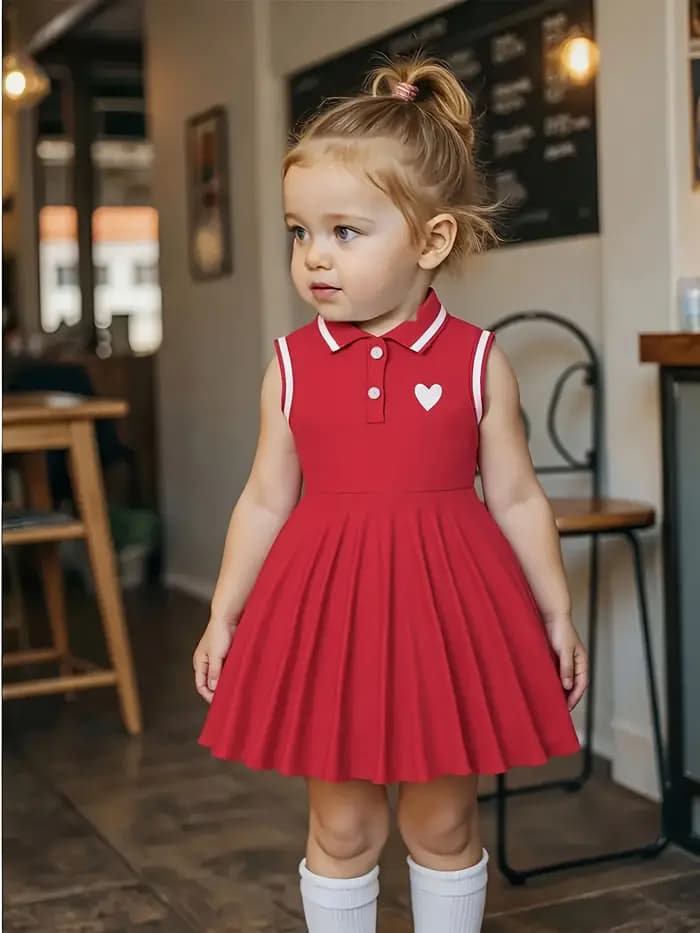 Robe vintage rouge sans manches à col polo – Jupe plissée avec accent de cœur pour filles