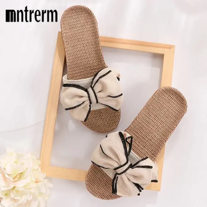Mntrerm 2024 nouvelles espadrilles décontractées pour la maison pantoufles été nœud-noeud doux sol femme chaussures plates d'intérieur mignon lin pantoufle Terlik