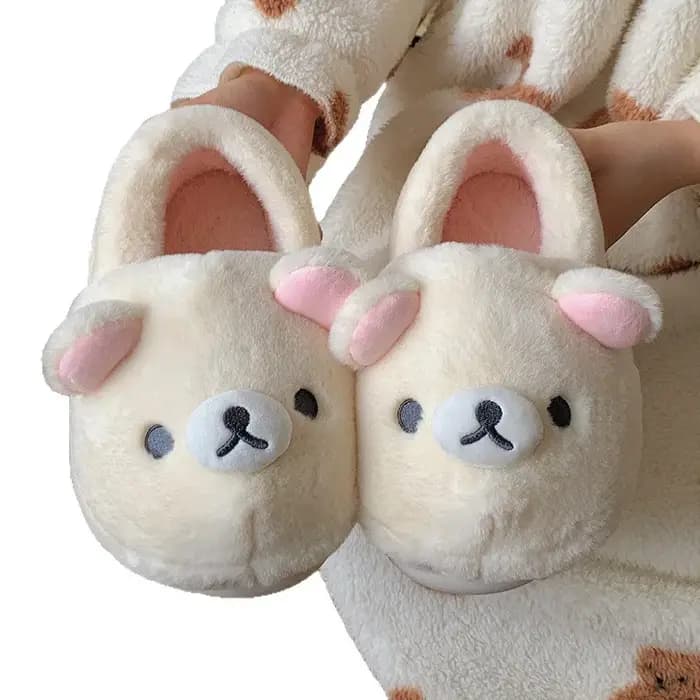Kawaii Bear Rilakkuma pantoufles en coton mignon plat bout fermé Mules pour hommes et femmes hiver dessin animé maison