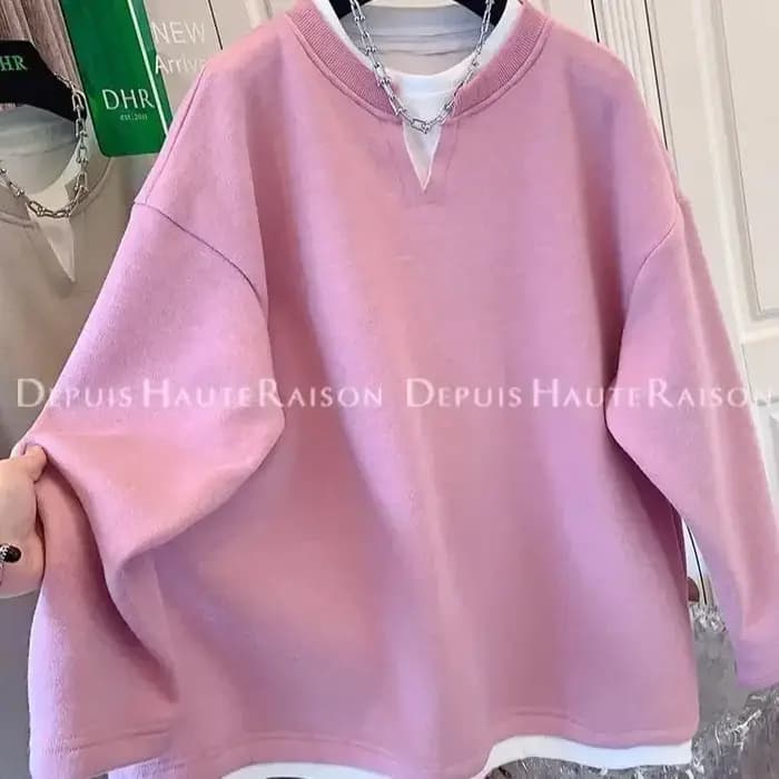 Femmes surdimensionnées vêtements mode coréenne Patchwork col rond faux deux pièces femme tout-match ample à manches