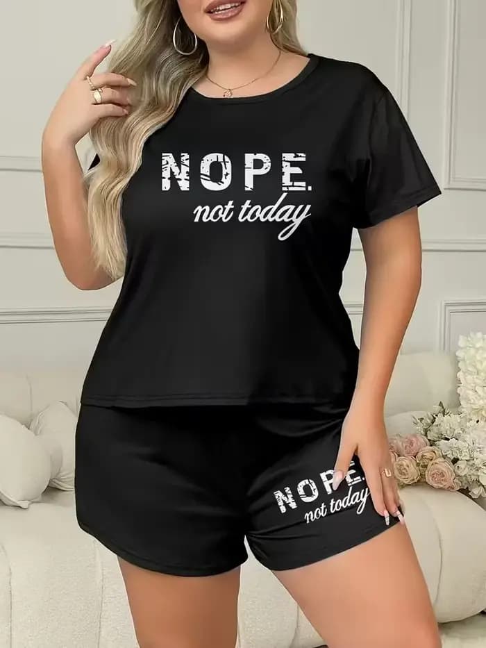Ensemble de pyjama pour femmes grandes tailles - Imprimé cœur tendance, col rond, haut à manches cou
