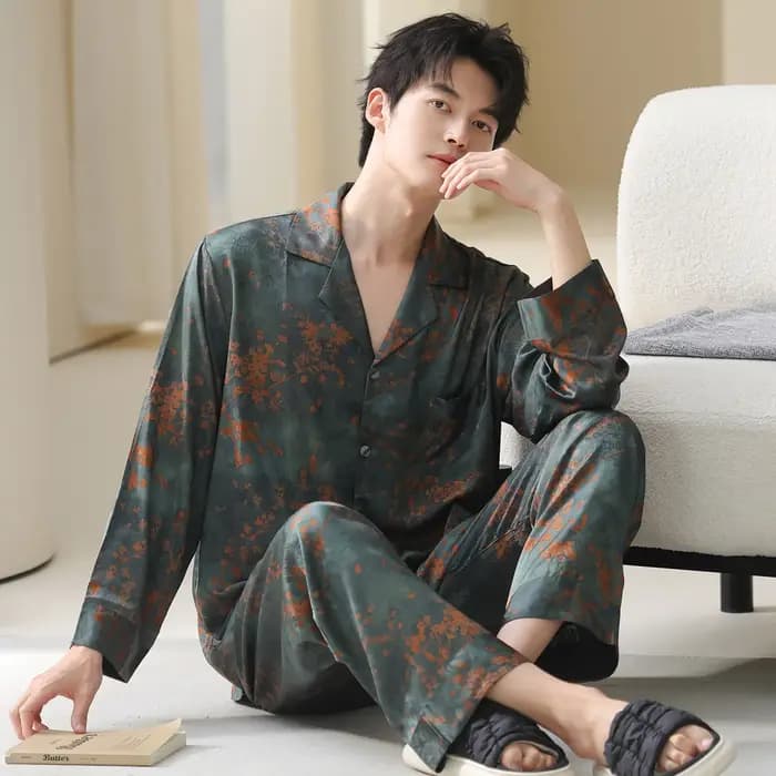 Hommes Pyjamas ensemble glace soie Satin automne à manches longues mode impression