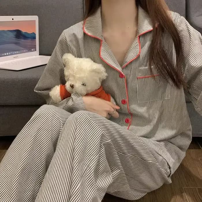Pyjamas femmes à manches longues pantalon été gris Cardigan rayé vêtements de nuit vêtements de déte