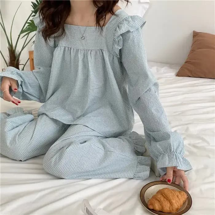 Ensembles de pyjama à carreaux Harajuku pour femmes, style écolière douce, vêtements de nuit simples