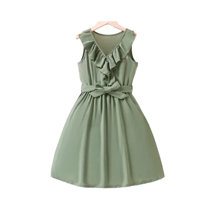 Robe vert frais pour filles - col en V à volants et ceinture