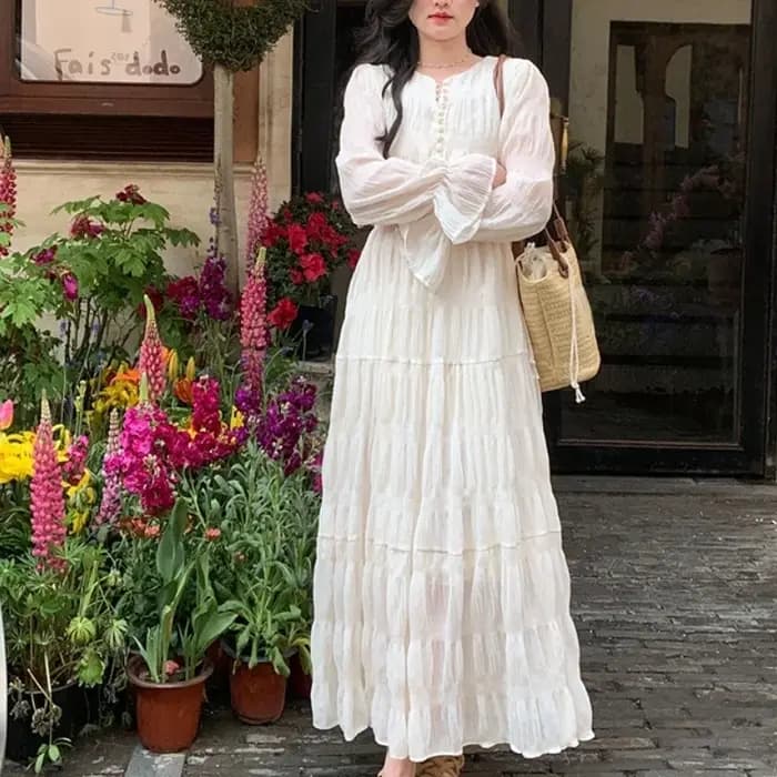 Robe longue plissée à manches évasées pour femmes