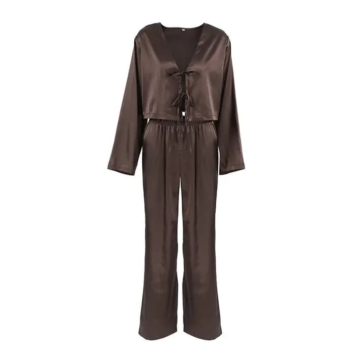 Ensemble pyjama pantalon à manches longues couleur marron