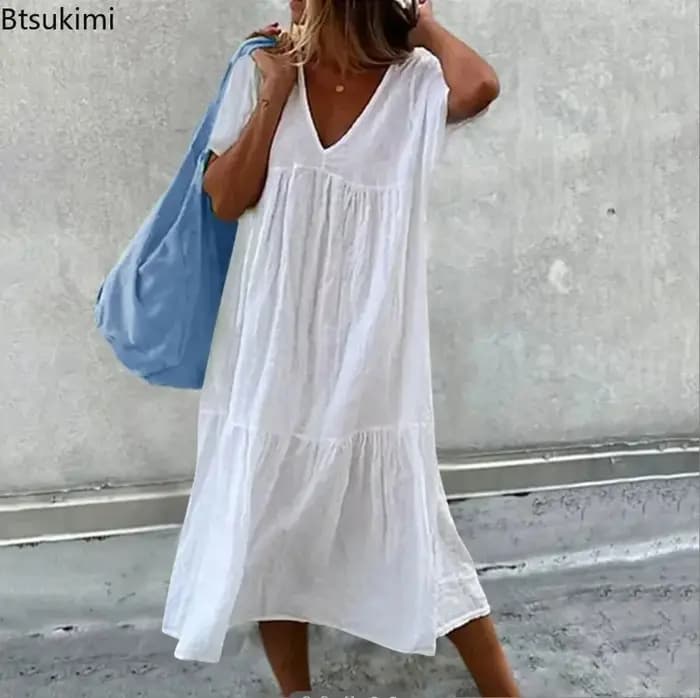 Nouvelles robes midi en coton et lin pour femmes
