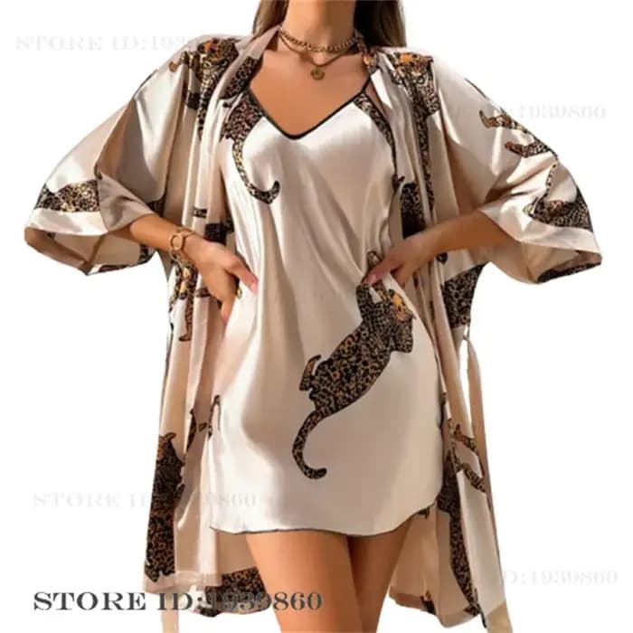 Peignoir kimono en satin à imprimé léopard pour femmes