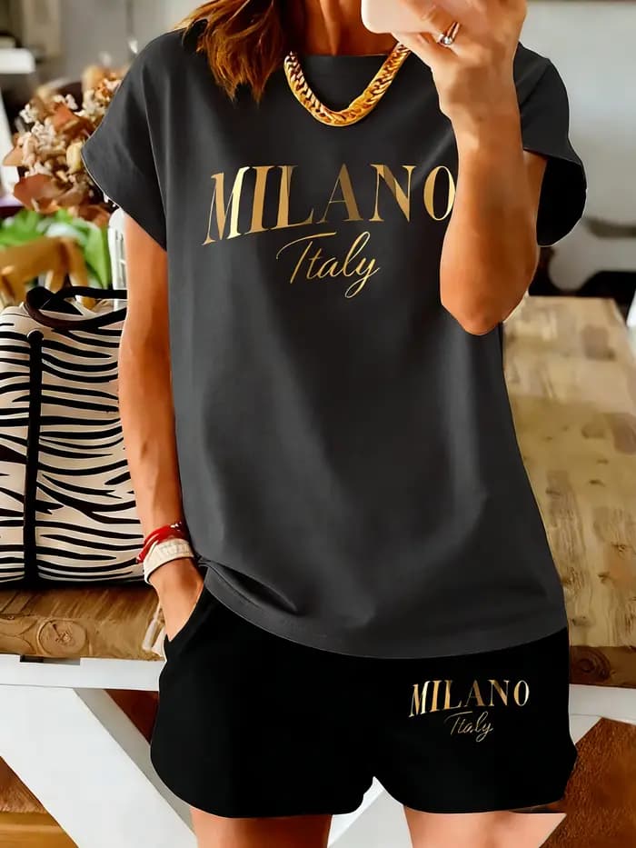 Ensemble femme Milan à imprimé lettres - Manches courtes et short - Tendance mode féminine décontrac