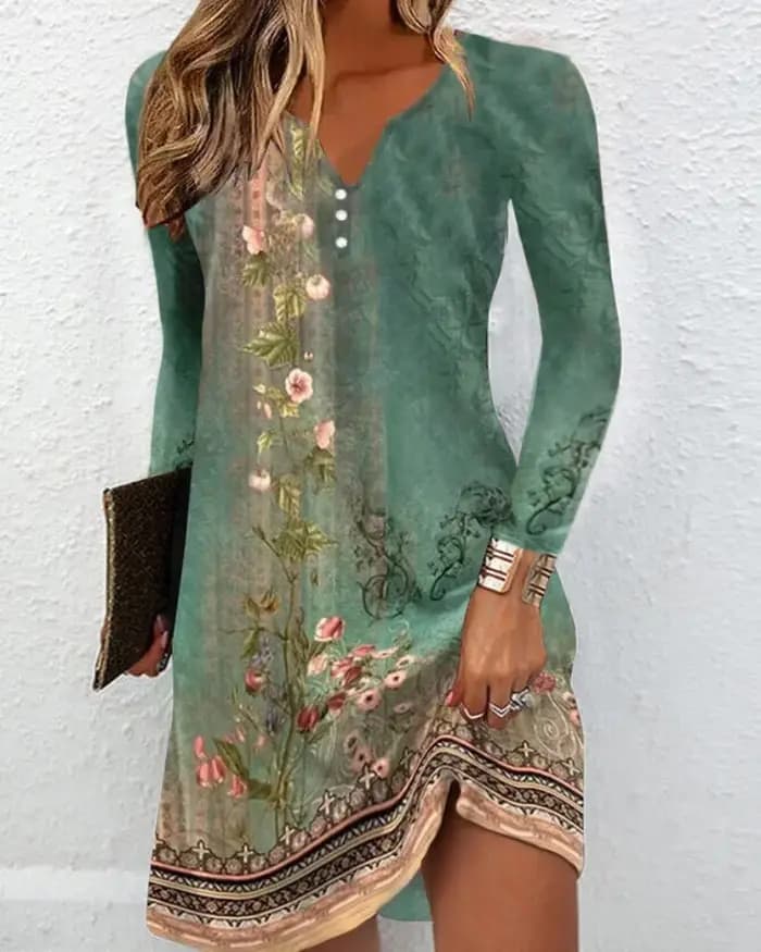 Robe tunique à imprimé floral manches longues col en V coupe régulière en polyester pour femme confort printemps été