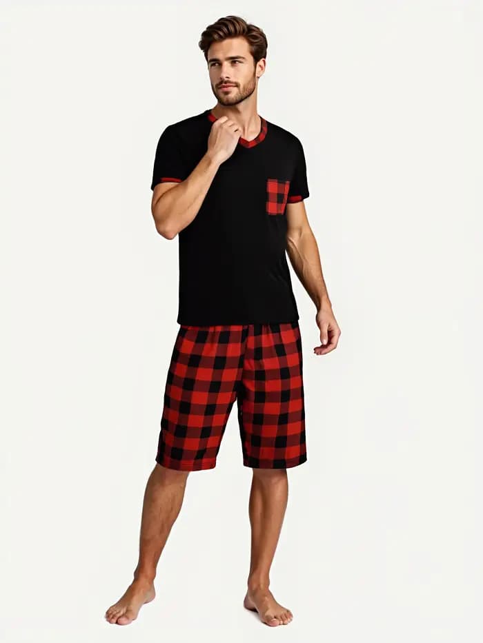 Ensembles de pyjama pour hommes pyjamas à carreaux à manches courtes