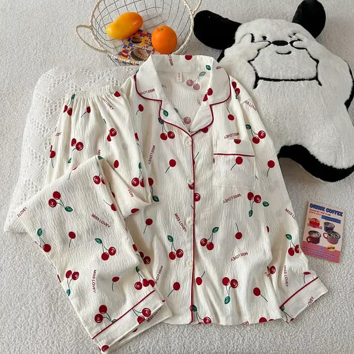 Ensemble pyjama imprimé cerise pour femmes, vêtements de détente à carreaux, manches longues, Cardig