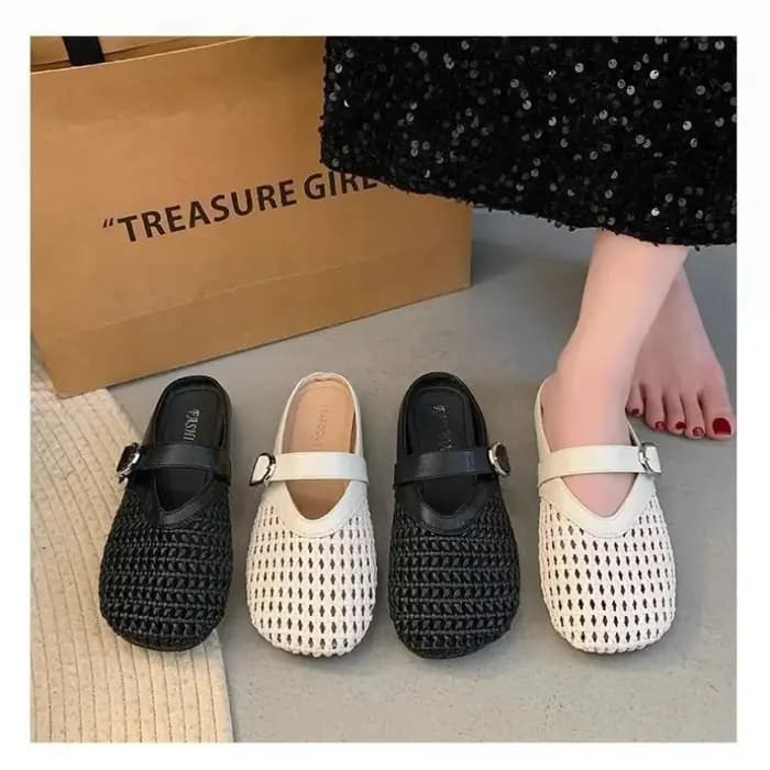 Baotou demi pantoufles 2025 été nouvelles chaussures maille respirant et confortable fond plat tissage évider Boken