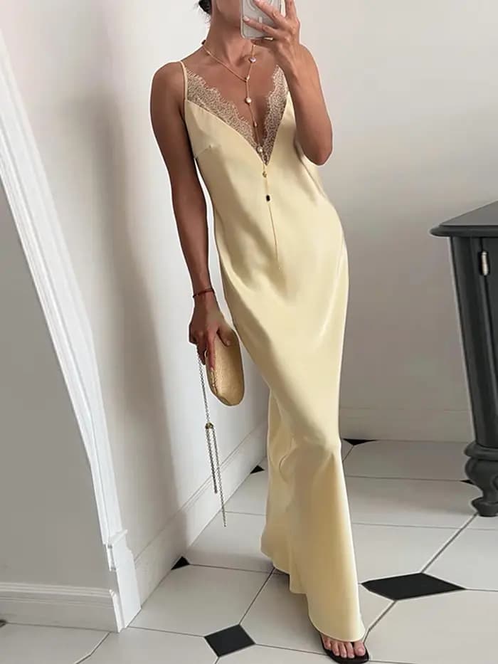 Robe longue sexy en dentelle patchwork pour femme