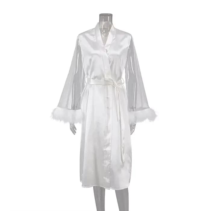 Pyjama à manches longues en Imitation de plumes de soie pour femmes, chemise de nuit en soie, vêteme