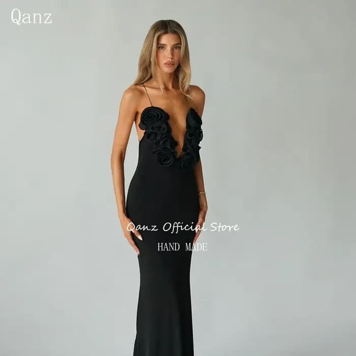 Qanz Robe de soirée sirène sexy, dos nu, noire, Vestido De Festa, bretelles spaghetti, col en V prof