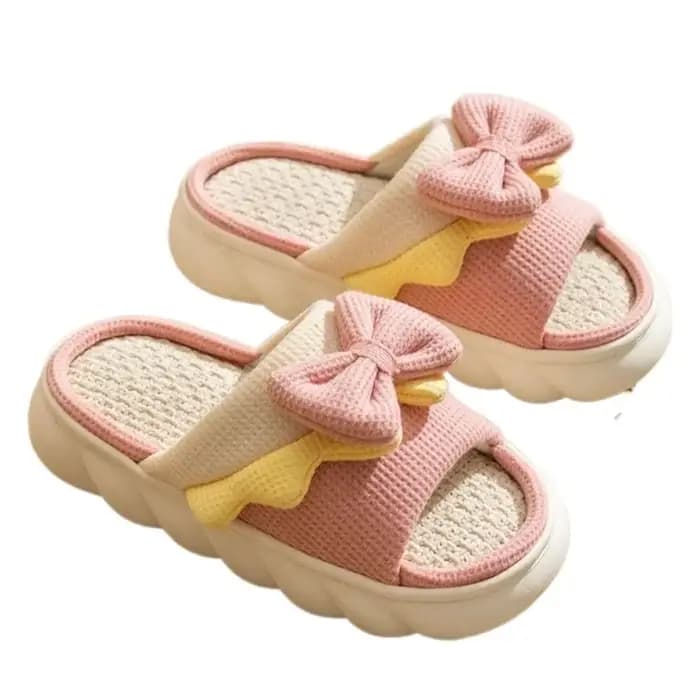 1 paire de pantoufles en lin pour femme antidérapantes avec nœud, semelle épaisse, bout ouvert et nœ