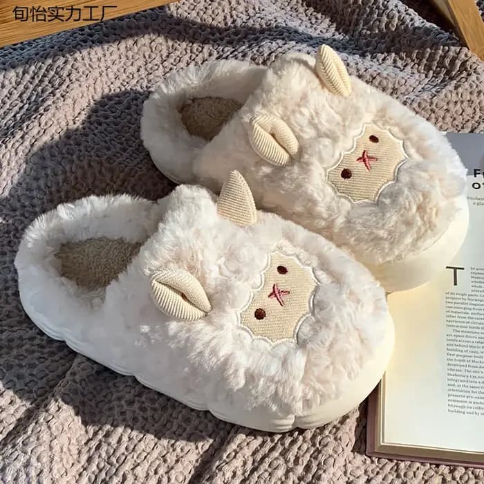 Maison floue pantoufle femmes mouton moelleux hiver chaud fourrure en peluche intérieur paresseux femme thermique