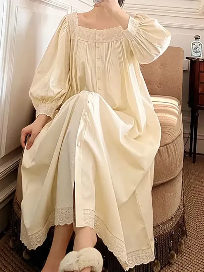 Femmes robe de nuit printemps automne pur coton à manches longues Peignoir romantique Vintage chemises