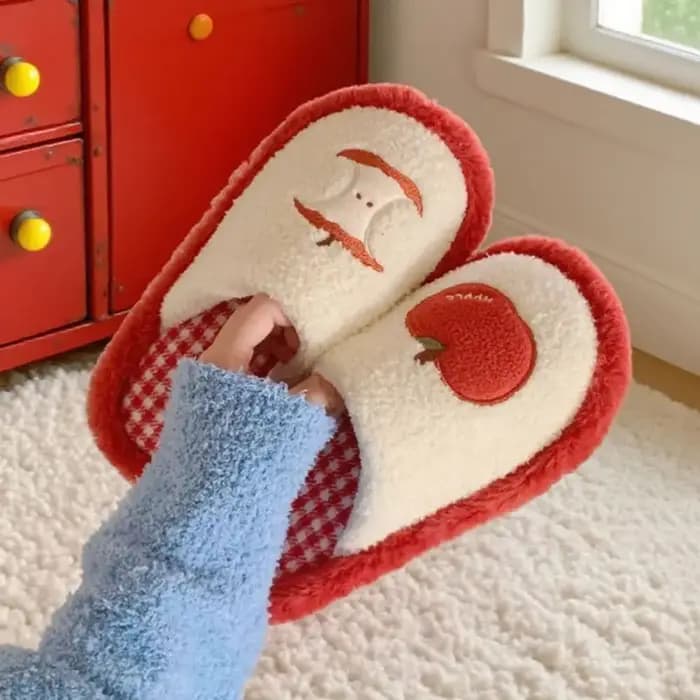 Doux grille rayure mignon en peluche pantoufles antidérapant semelle épaisse fruits