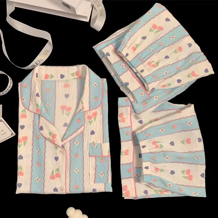 Nouvelle collection printemps/été : pyjamas à rayures de style campagnard pour femmes – ensemble trois pièces à manches courtes pour se détendre à la maison