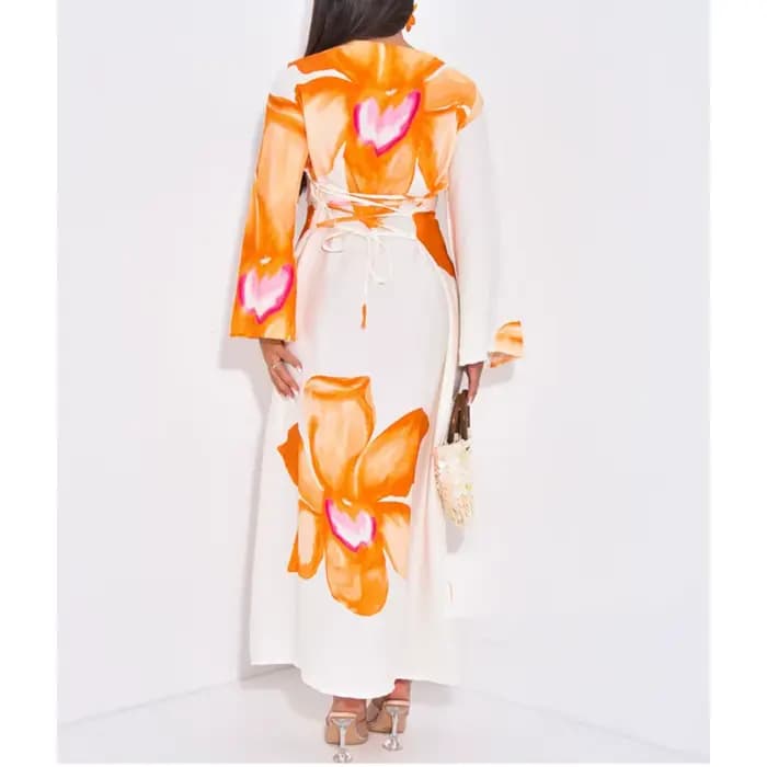 Boho Chic caractéristiques fluide cloche manches imprimé robe Maxi dos cravate taille robes pour femmes 2025