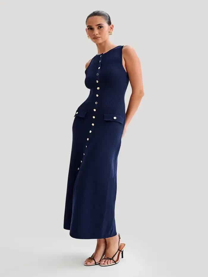 Robe longue tricotée à simple boutonnage pour femme, élégante, couleur unie, sans manches, col rond,