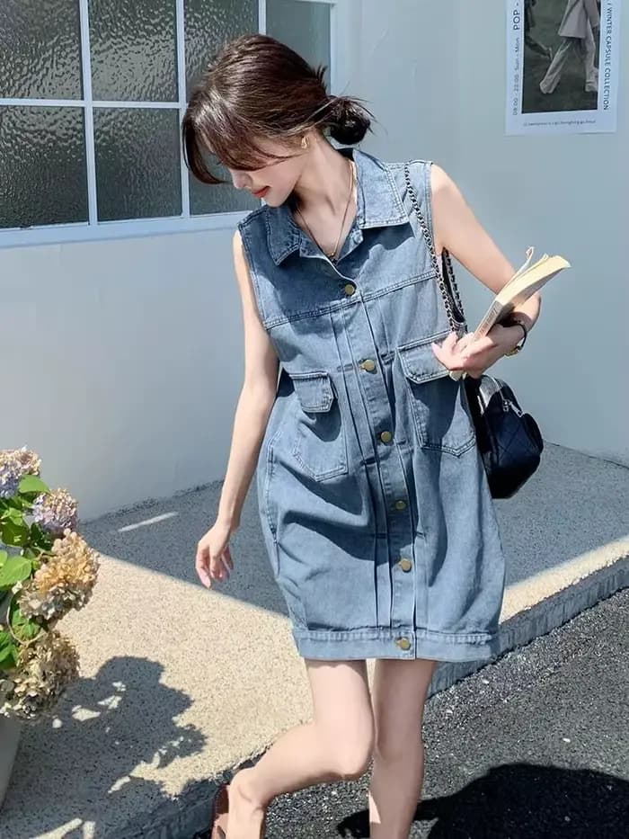 Robe sans manches en jean pour femme